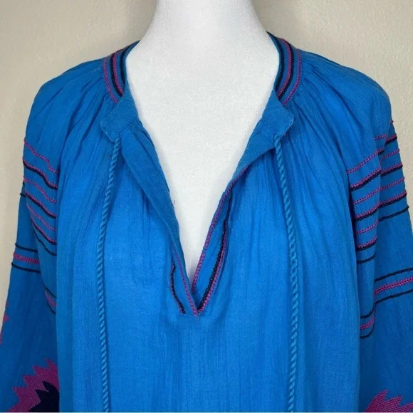 Anthro Maeve Blue & Pink Runaway Boho Southwestern Embroidered Peasant Top XS - Picture 6 of 16